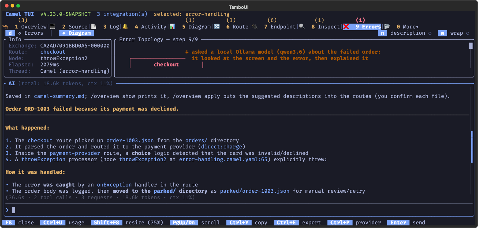 A local Ollama model explains why an order failed