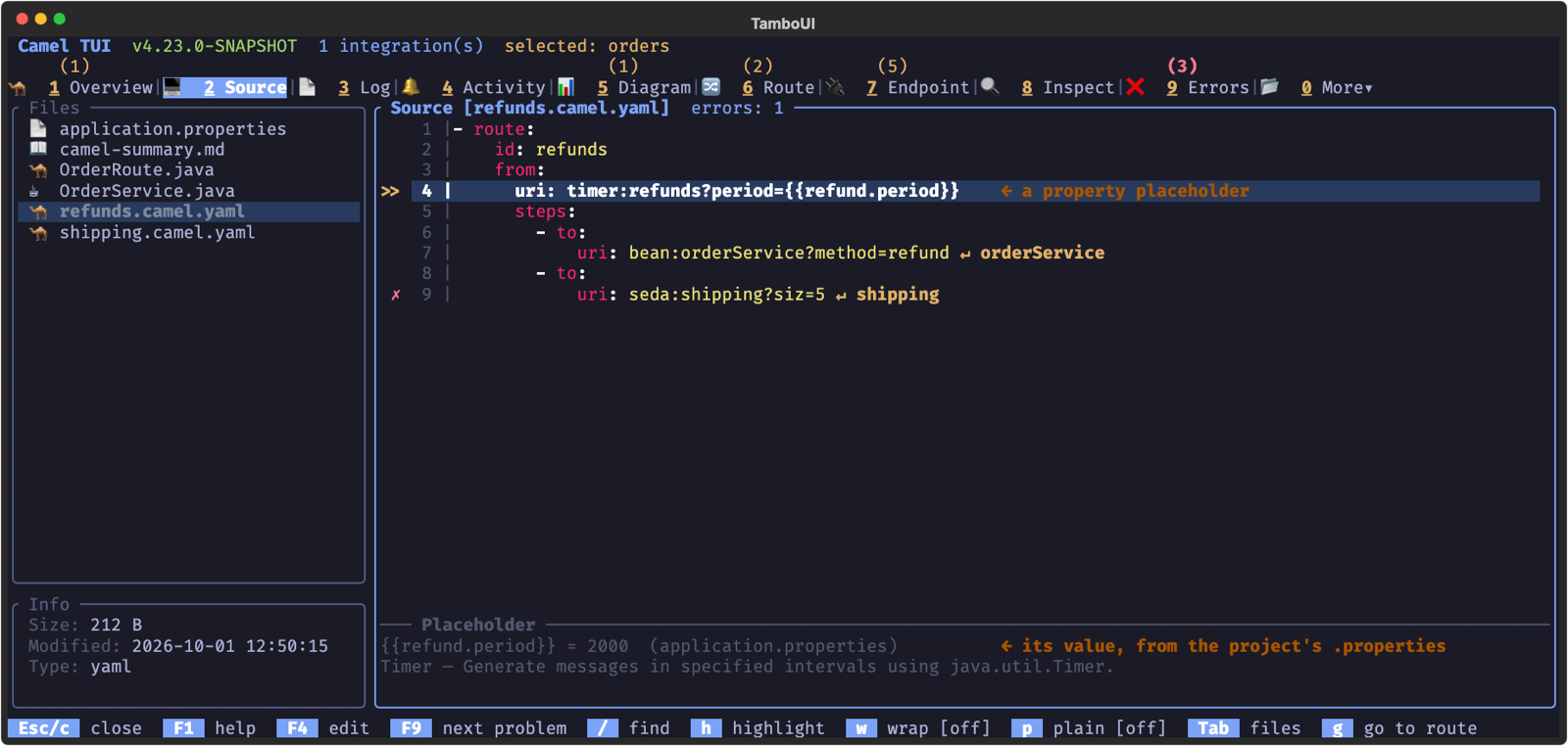 The value of a property placeholder in the quick documentation